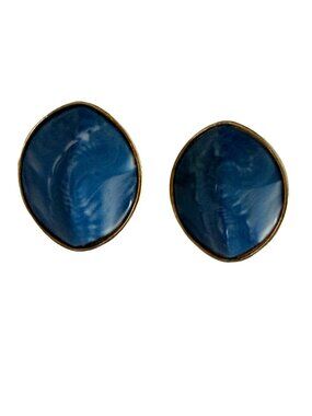 Vintage Blue Marbled Oval Stud Earrings Gold Tone Retro Jewelry